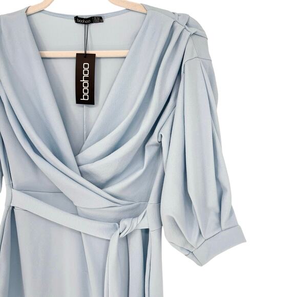 Boohoo NWT Sky Blue Midi Side Tie V-neck Dress Size 18 - Picture 2 of 5